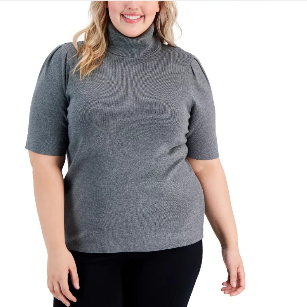 Alfani Elbow-Sleeve Turtleneck Sweater Top in Gray.